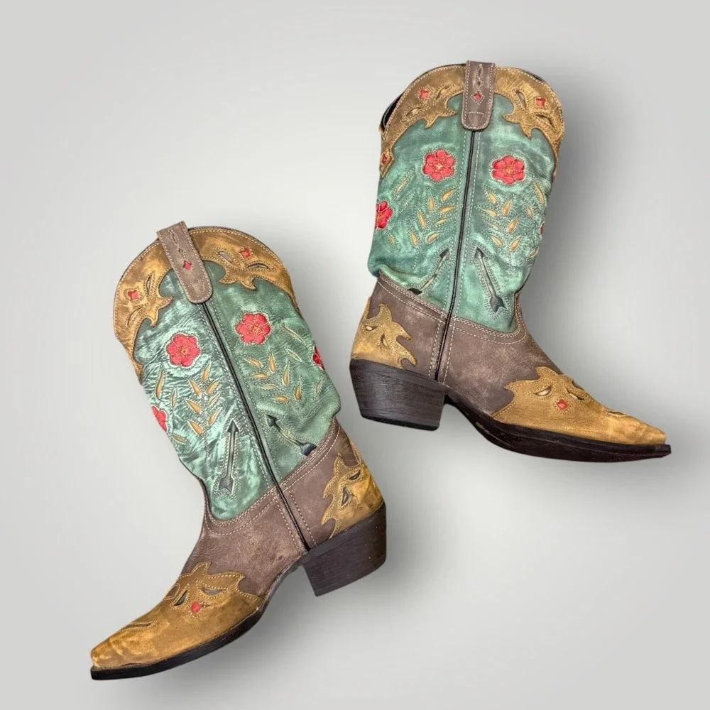 Laredo Miss Kate Floral Inlay Snip Toe Cowgirl Boots 52138 Size 7M Teal